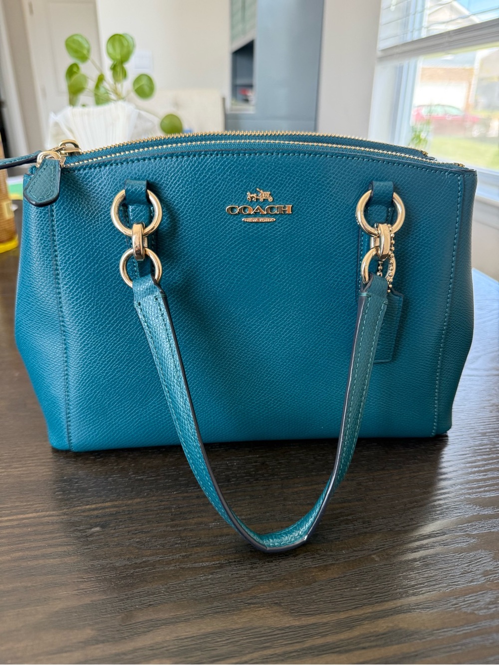 Coach Christie Carryall Teal Pebbled Leather with Gold Hardware